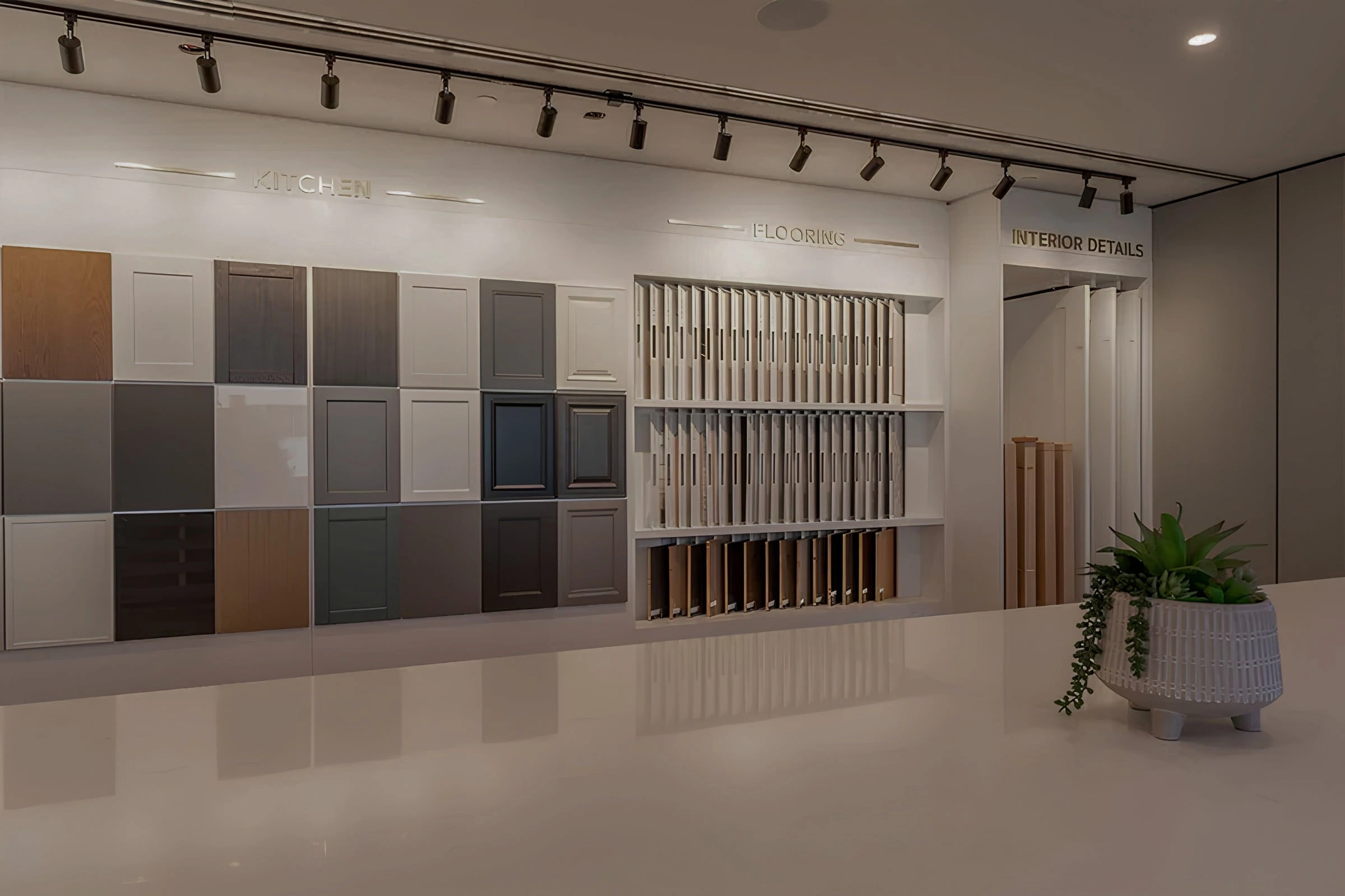 Cabinet, flooring and interior detail displays in the Calibrex Design Studio.