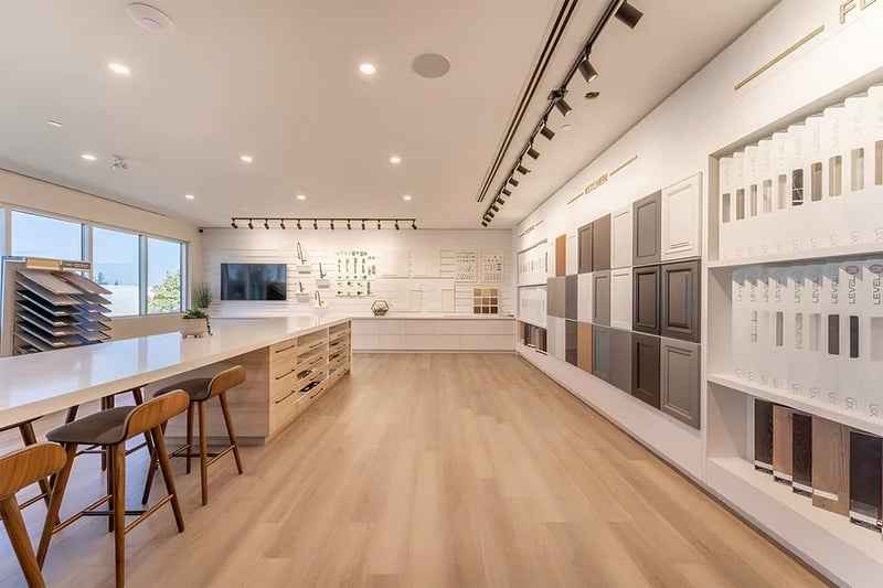 The Design Studio aisle lined with finish selections.