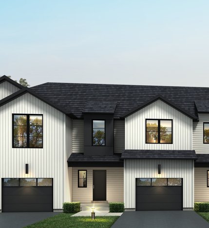 A rendering of white board-and-batten townhomes at Townsend.